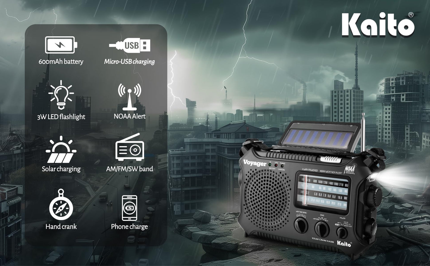 Kaito KA500 5-Way Powered Emergency AM/FM/SW Weather Alert Radio
